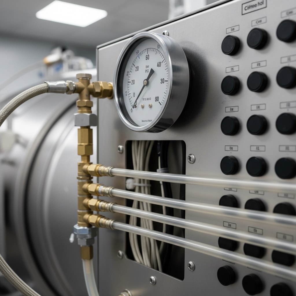 Hyperbaric oxygen therapy chamber control panel and pressure gauge